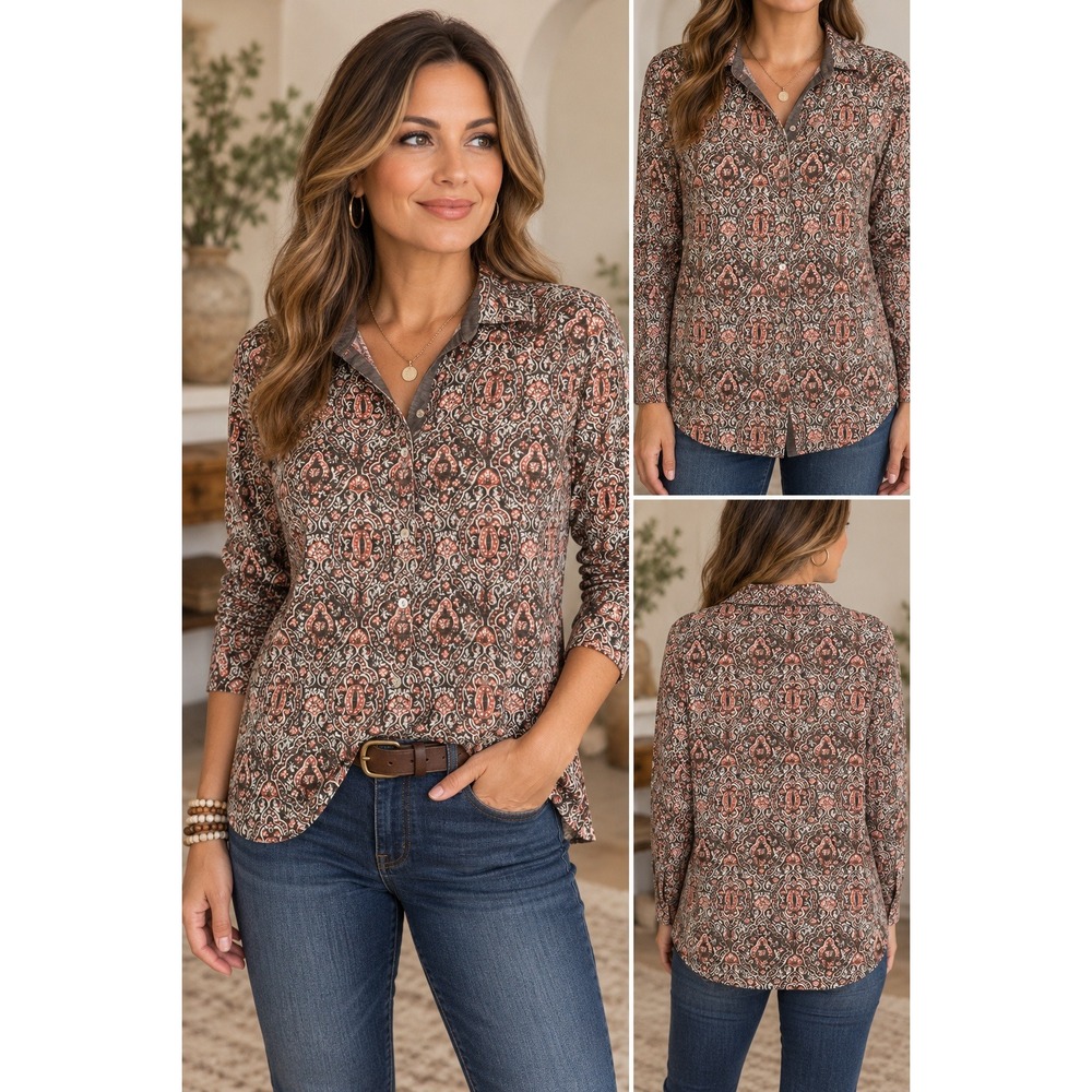 J.Jill Cotton Paisley Button Down Shirt Brown Red M 1241090